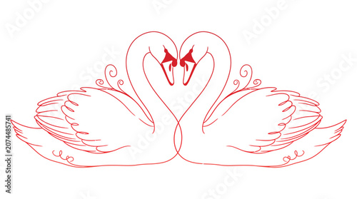 Red swans forming heart shape with wings, romantic illustration
