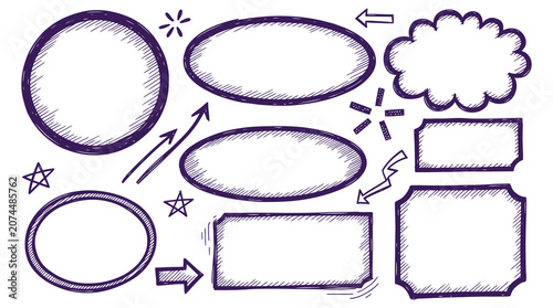 Purple Hand Drawn Speech Bubbles and Shapes Vector Illustration