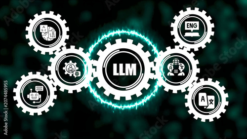 Fotografie A central gear labeled llm surrounded by smaller interlocking gears featuring re