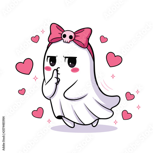 Photos Kawaii ghost girl with pink bow and skull accessory gesturing hush with finger t