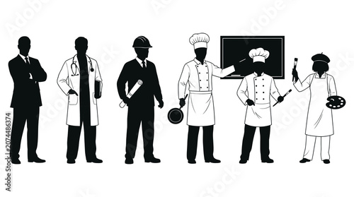 Silhouette Professionals Standing Lineup Various Occupations
