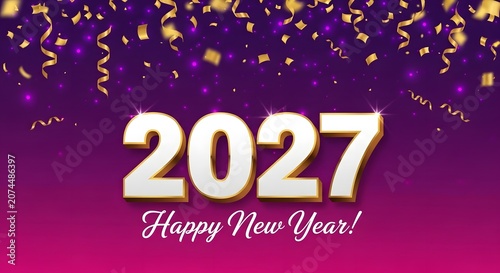 2027 happy new year text with gold confetti falling on a vibrant purple background