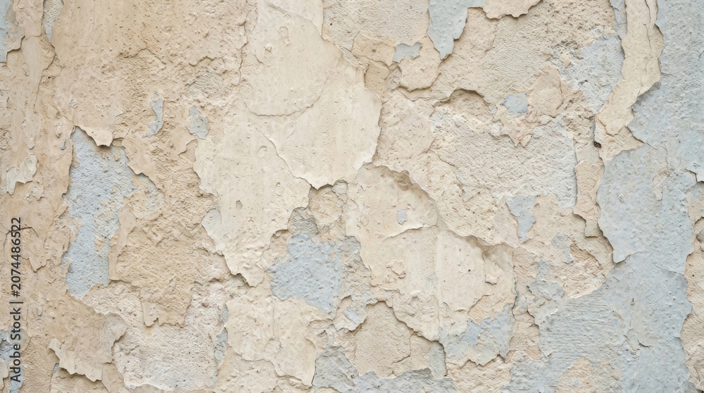 Fototapeta premium Plaster wall texture limewash surface with peeling paint pattern weathered background mood. Grunge paint rough material. old surface cement background, architecture plaster
