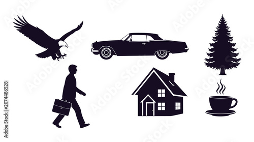 Silhouette icons of daily life objects and nature