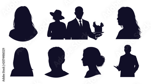 Silhouette profiles of people in various poses and attire