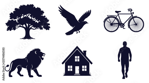 Silhouette icons of tree, bird, bicycle, lion, house and man