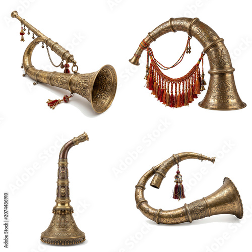 Ornate Horns from the East: A collection of four elaborately decorated brass horns, each with a unique curved shape and adorned with intricate patterns and tassels.