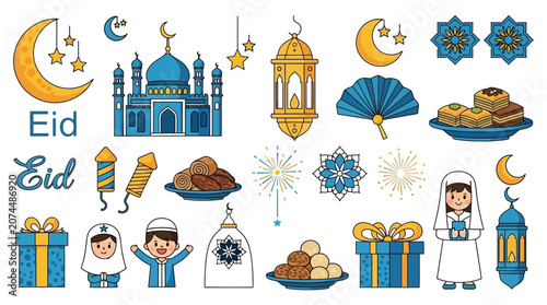 Eid Mubarak Islamic Celebration Icons Vector Illustration