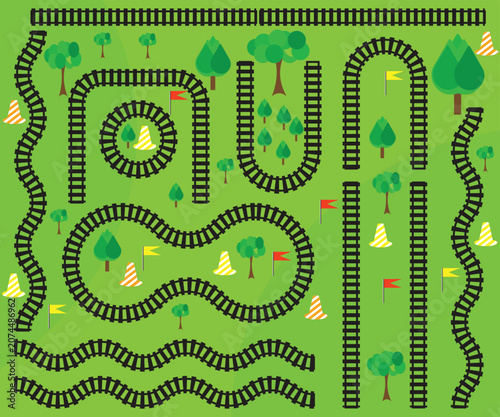 Fotografie Toy train track vector constructor kit with railway pieces and trees