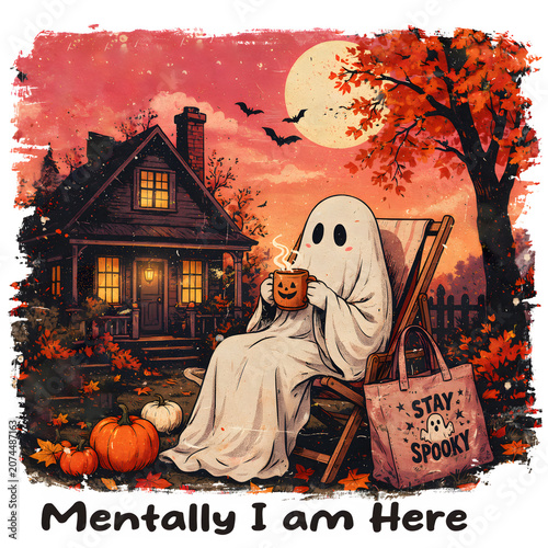 
A vintage-style illustration of a ghost sitting in a wooden deck chair, holding a steaming mug, in front of a spooky haunted house under a full moon