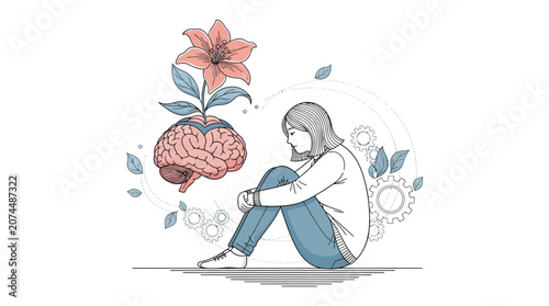 Man running with flowers, dynamic illustration of person and blossoms