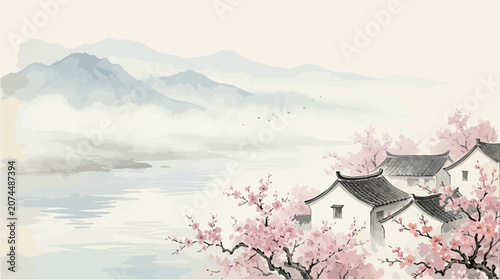Cuadro en lienzo Traditional chinese landscape painting with mountains, water, and blossom trees