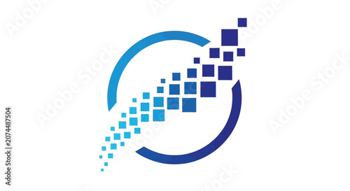 A blue circular graphic design with a trail of digital square pixels