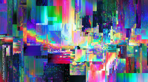 Abstract Glitch Art Background with Vibrant Neon Digital Distortion and Pixelated Artifacts