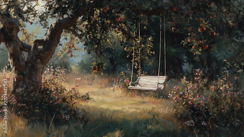 Oil Painting of a Rustic Wooden Swing Hanging from an Apple Tree in a Sunny Orchard Garden