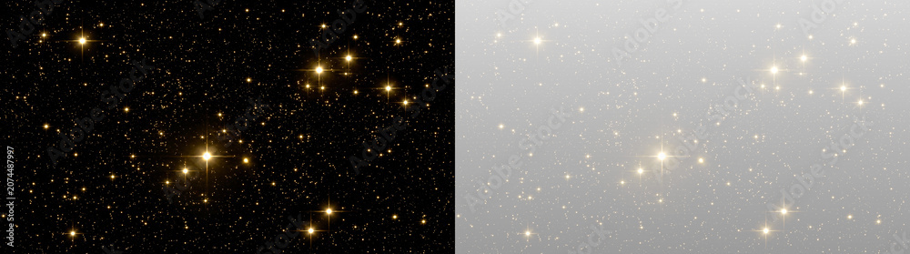 Naklejka premium golden stars and sparkles on black background, holiday and celebration decoration