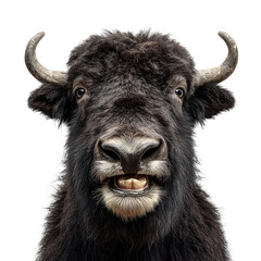 PNG of Close-up of a smiling black yak with prominent horns and fluffy fur