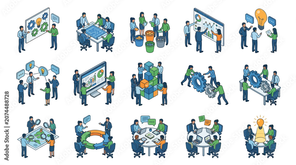 Fototapeta premium Modern Business Team Collaboration and Innovation Process Illustrated with Colorful Flat Design Icons