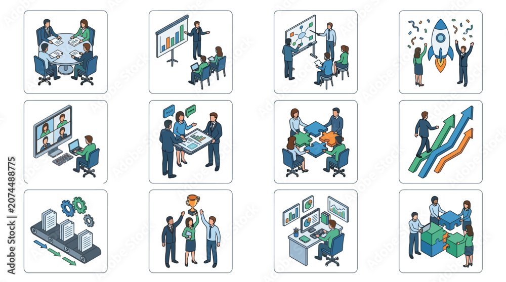 Fototapeta premium Dynamic Illustrated Guide to Modern Business Strategies and Team Collaboration Concepts with high quality professional line art symbols for modern creative design and digital branding projects