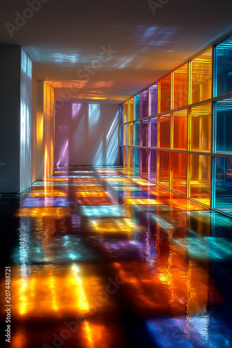 Vibrant Colorful Light Reflections on Glossy Floor in Modern Architectural Hallway