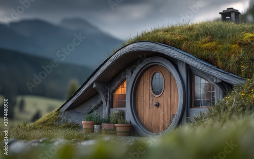Charming Earth-Sheltered Hobbit House with Lush Green Roof and Nature