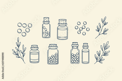 Cuadro en lienzo Vintage Homeopathic Bottle and Herbal Medicine Line Art Vector Illustration for