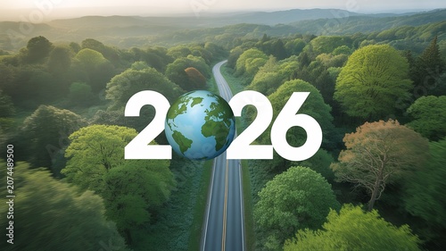 Aerial view of winding forest road with Earth globe replacing zero in 2026 text symbolizing sustainability and ecological awareness