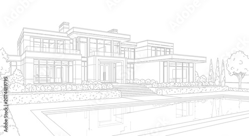 Modern luxury house architectural line drawing with swimming pool, detailed blueprint exterior design illustration