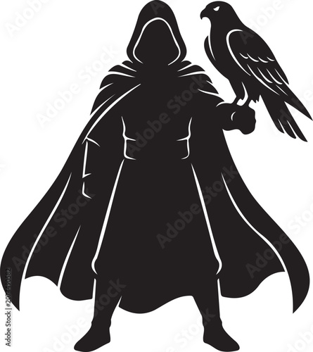 фотографія Minimalist solid black vector silhouette icon of a mysterious hooded falconer or