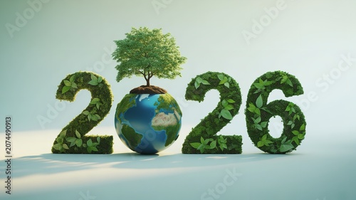 Year 2026 digits covered with green leaves and Earth globe tree symbolizing sustainability ecology and environmental awareness future