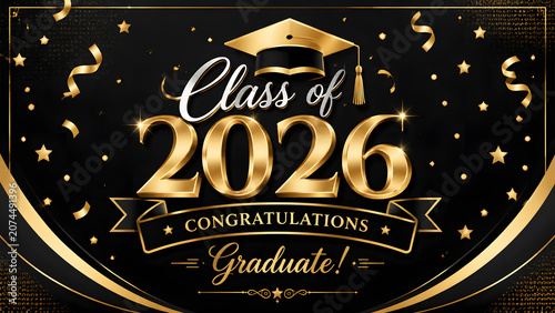 Class of 2026 gold lettering with a black graduation cap and shiny confetti sparkles on a dark luxury background