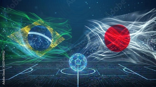 Brazil and japan national flags with digital soccer ball on glowing pitch, international sports game.