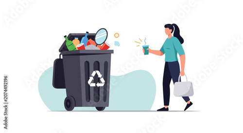 Environmentally conscious woman disposing plastic cup into large grey recycling bin with white recycle symbol for efficient waste management.