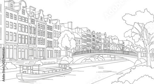 Detailed black and white line drawing of traditional Amsterdam canal houses with bridge and boat for creative coloring book illustration.