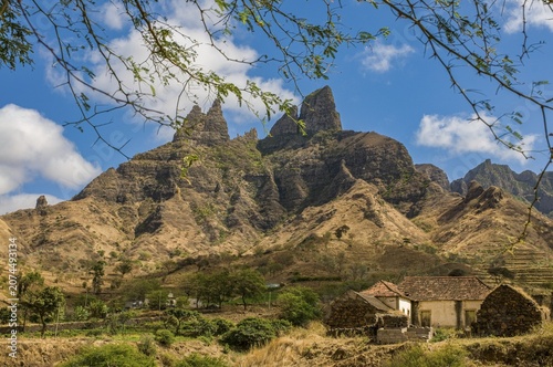 Rocklandscape with sporadic buildings. Santiago. Cabo Verde. Africa