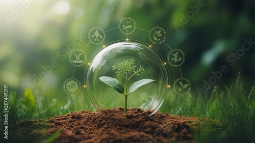 Green plant sprouting in soil inside protective sphere with eco icons symbolizing renewable energy recycling sustainability and ecology