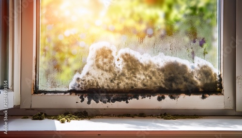 black mold growing on window frame and wall concept of household moisture damage and fungus problem