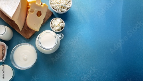 dairy products on a blue background with copy space healthy food