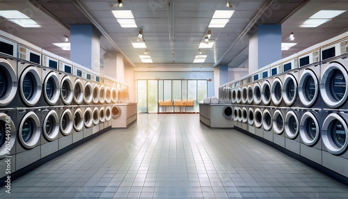 commercial laundry and small business for laundromat advertising and washing machine background empty shop row and front loader industrial machines for cleaning washing and commercial store