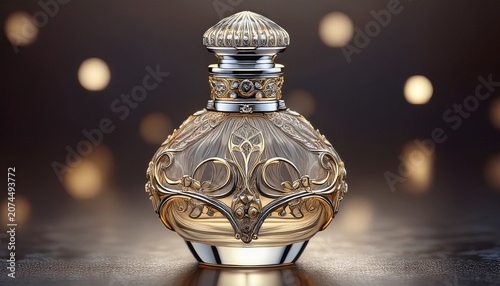 elegant perfume bottle with intricate silver cap and clear glass body