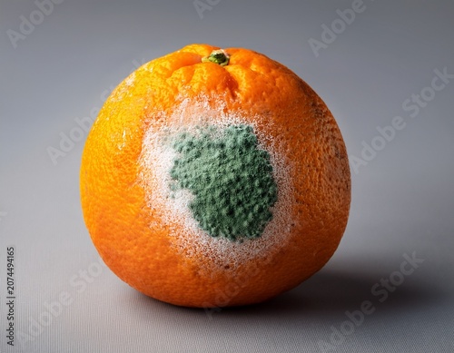 orange decaying with green and white mold spots indicating spoilage and food waste on grey background