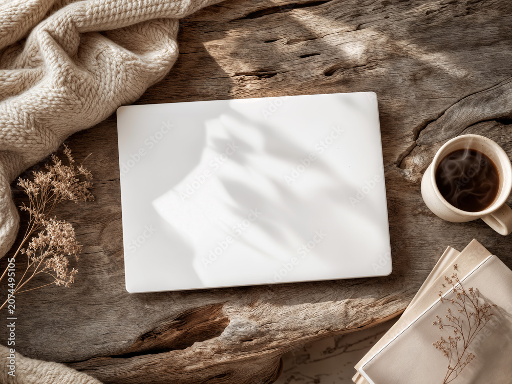 Fototapeta premium Closed Laptop with Coffee Cup Cozy Blanket Rustic Wooden Table Natural Light Morning Workspace