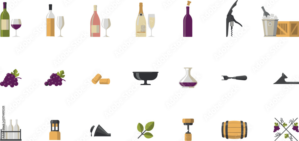 Fototapeta premium Wine and Winery Icon Set Featuring Red White and Rose Bottles, Glasses, Corkscrews, Grapes, Wooden Barrels, Decanters, and Vine Harvest Graphic Symbols
