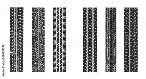 Six distinct tire tread patterns shown as black silhouettes for automotive service, car maintenance, and safety related designs.