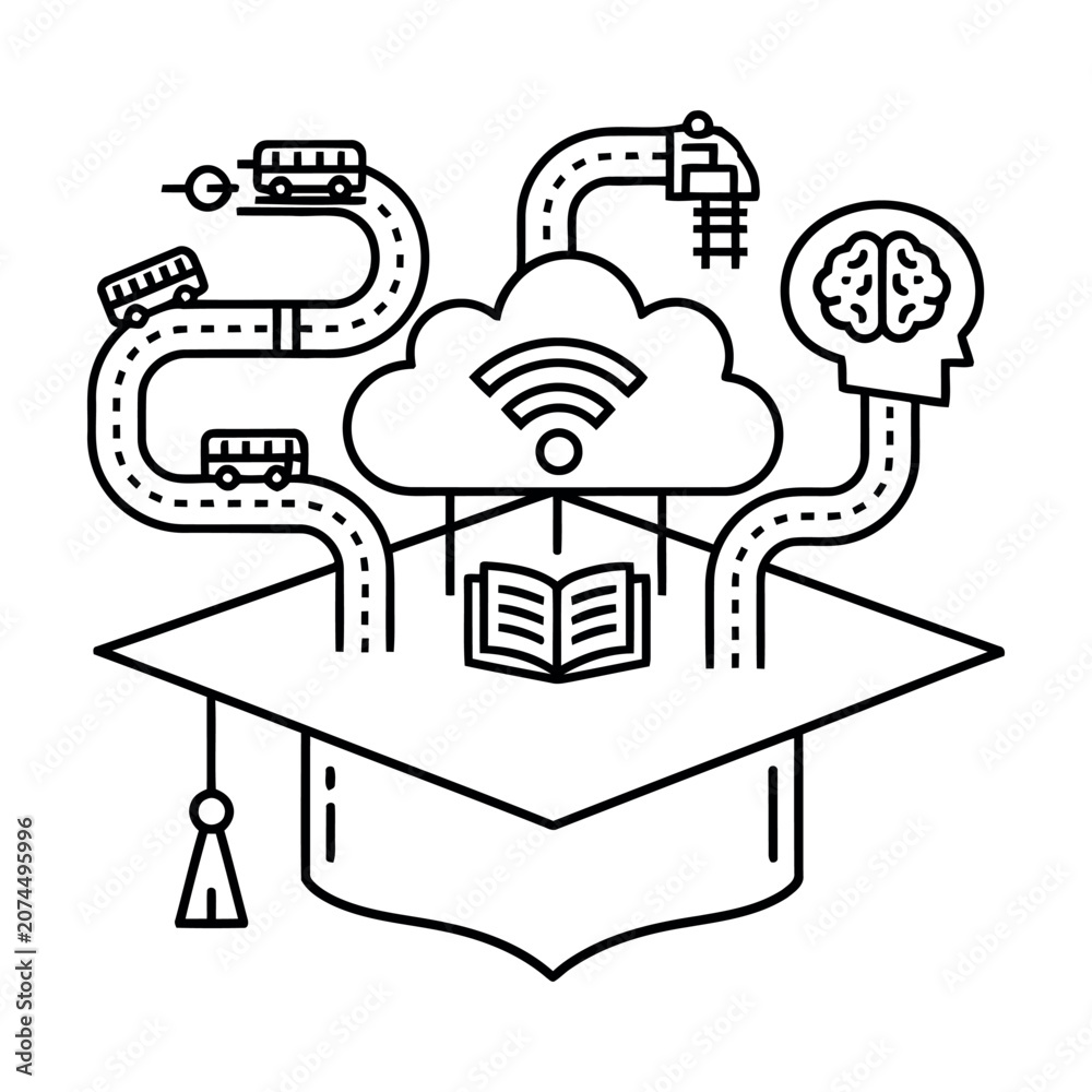 Naklejka premium Education cloud computing network concept on graduation cap outline