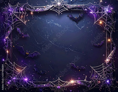 Glittering Halloween Bat Silhouettes Flying Within Spider Web Frame on Dark Purple Background