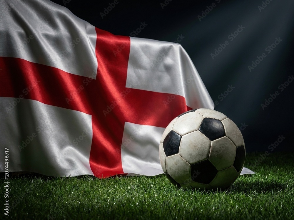Fototapeta premium England flag with soccer ball on grass