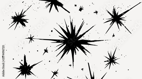 Tableau sur toile 白背景に黒い星とスパークが散らばるモノクロ装飾素材、衝撃やきらめきを表すエフェクト背景