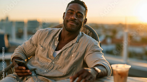 Ultra realistic premium lifestyle photograph of young man late 20s sitting at rooftop cafe table in warm afternoon sunlight, relaxed posture leaning back in chair with smartphone s