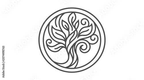Minimalist circular line art illustration of a stylized tree with swirling branches and leaves.
